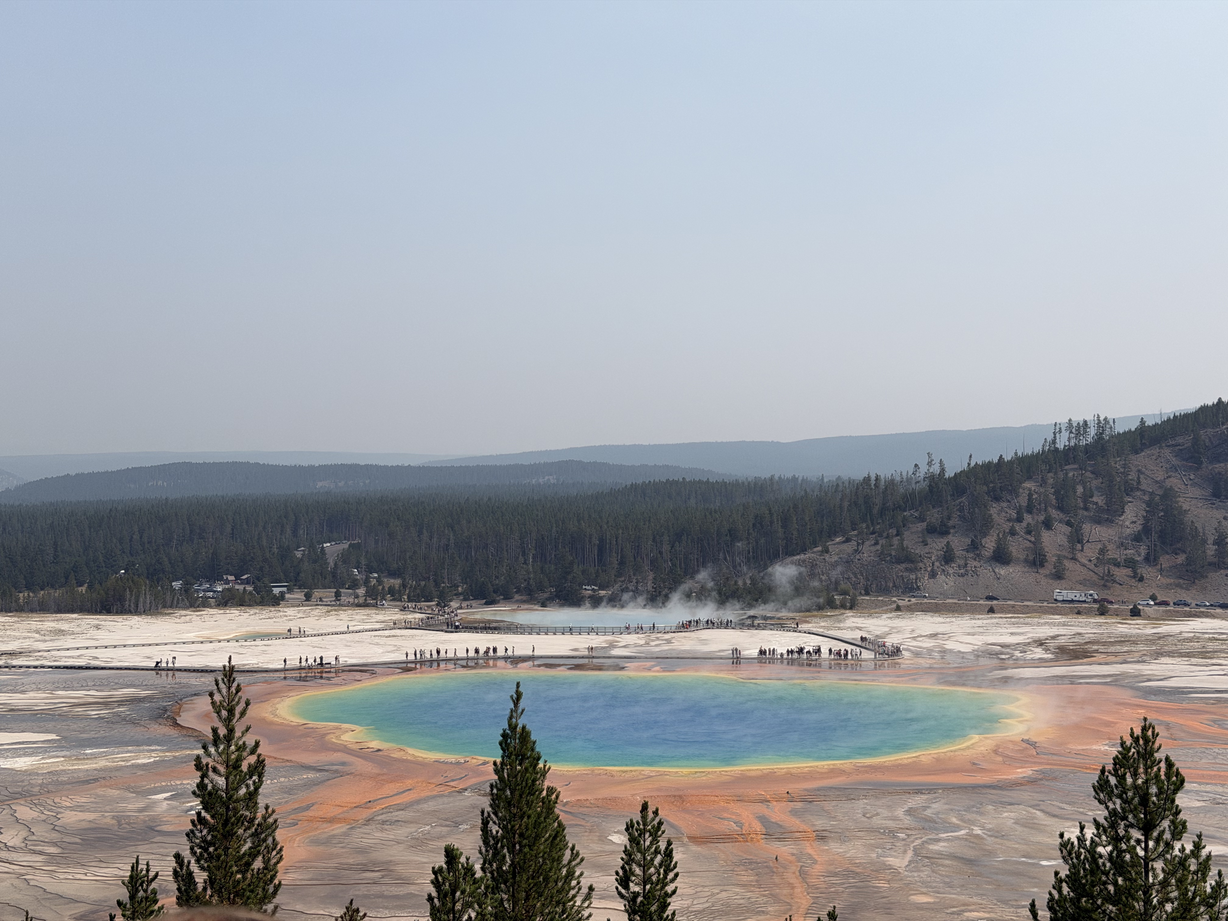 Colorful hot spring with steam, boardwalks and forest in Yellowstone