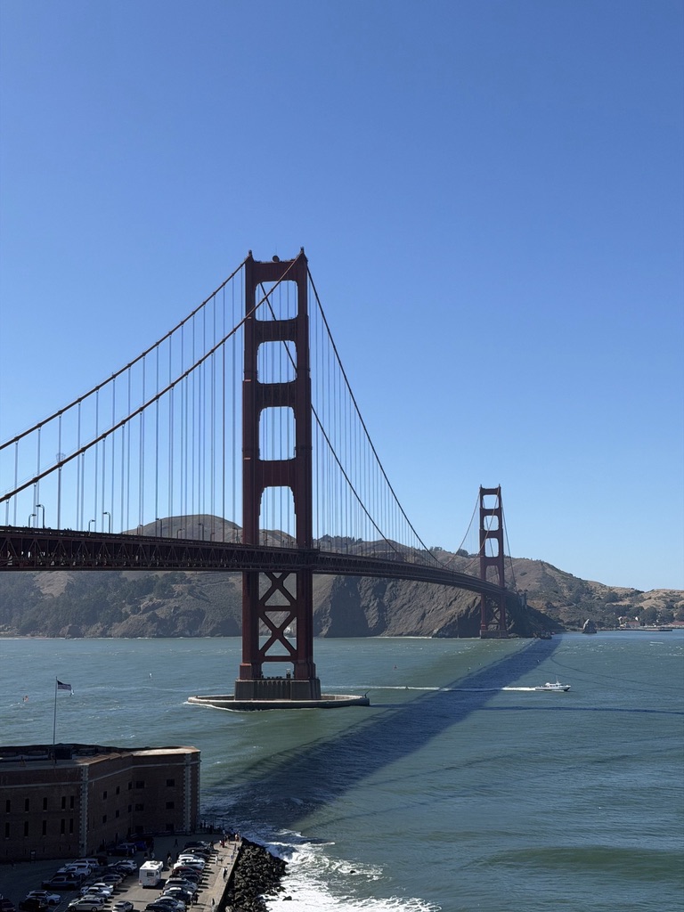 Golden Gate Bridge over blue water beneath a clear sky